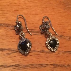 Silver Tone Black Heart and Flower Earrings